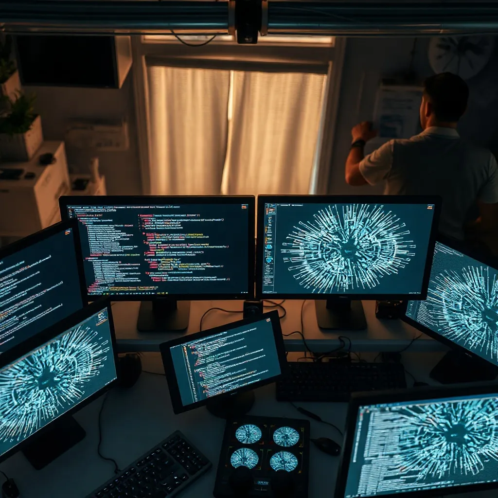A high-tech workspace with multiple monitors showing complex